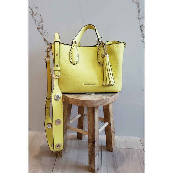 Michael Kors Brooklyn Satchel Small Leather Yellow 30S9LBNT1L Pebbled Purse - Picture 1 of 10